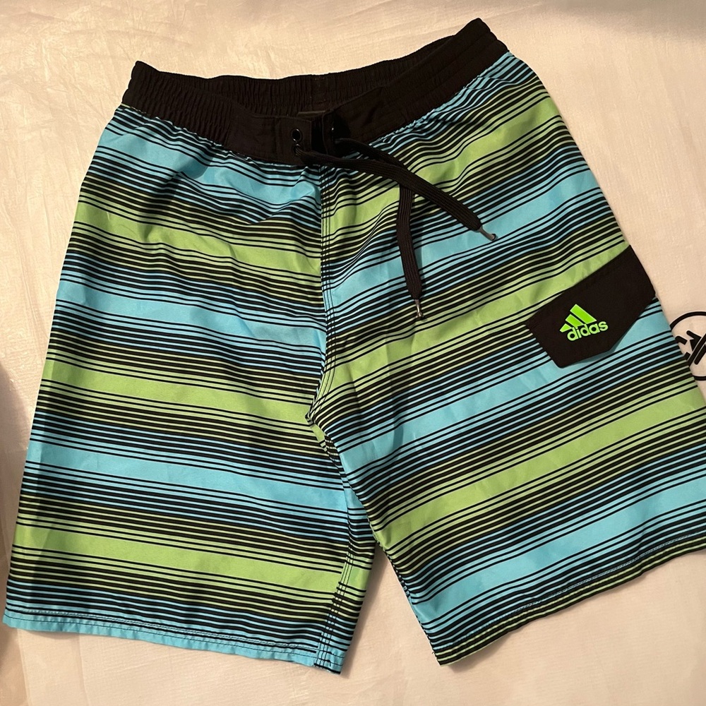 Adidas boys’ Striped Blue and Green swim shorts (XL)